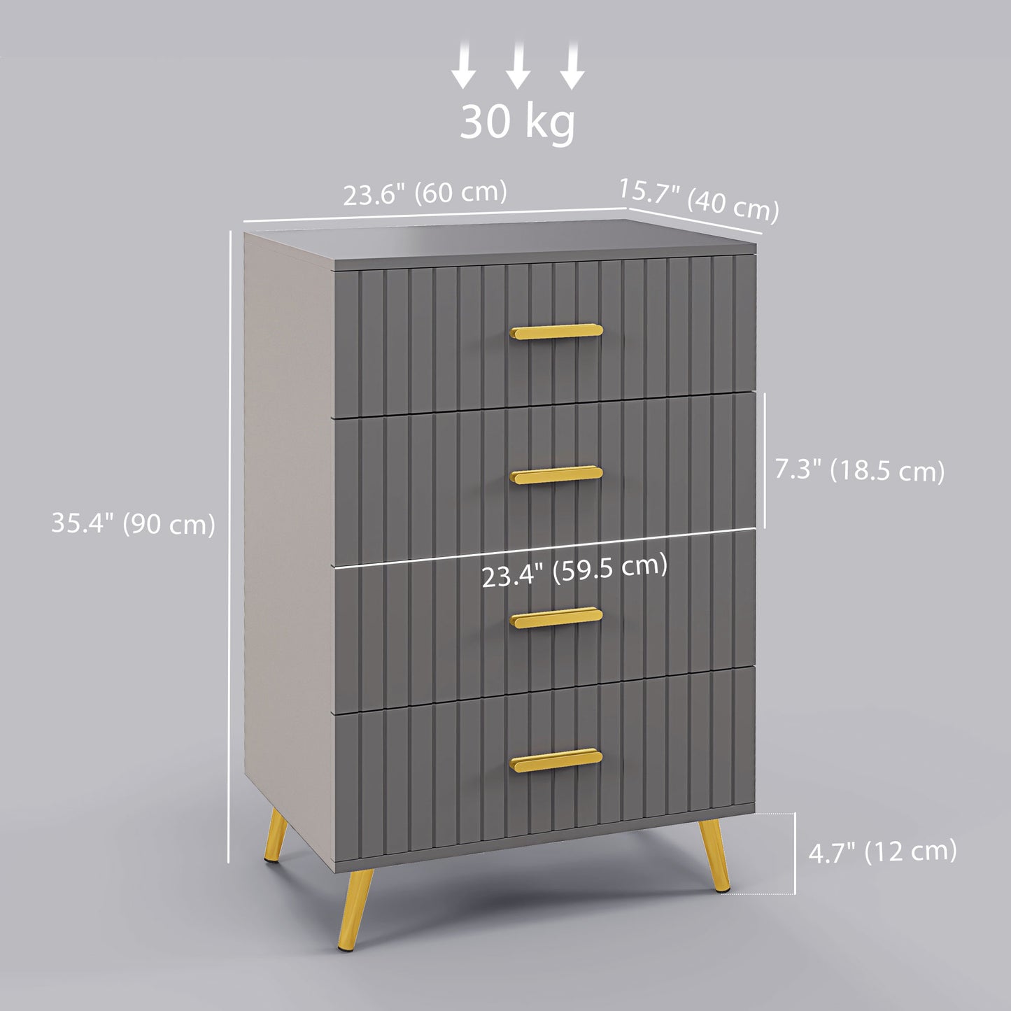 HOMCOM 3 Drawer Cabinet, Drawer Chest for Bedroom, Chest of Drawers with Aluminium Legs and Gold Handles, Dark Grey