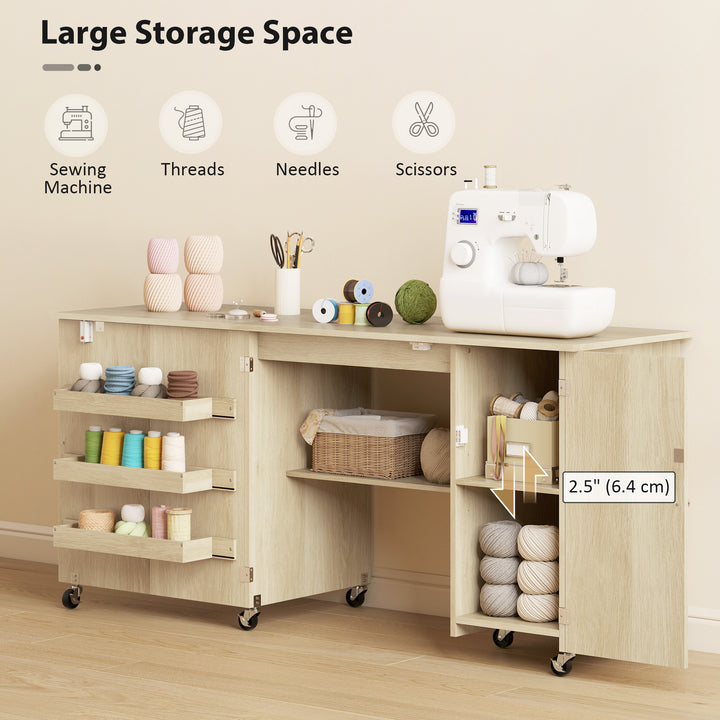 HOMCOM Sewing Machine Table with Drop Leaf, Folding Craft Table with 2 Doors and Adjustable Shelf for Small Spaces, Natural