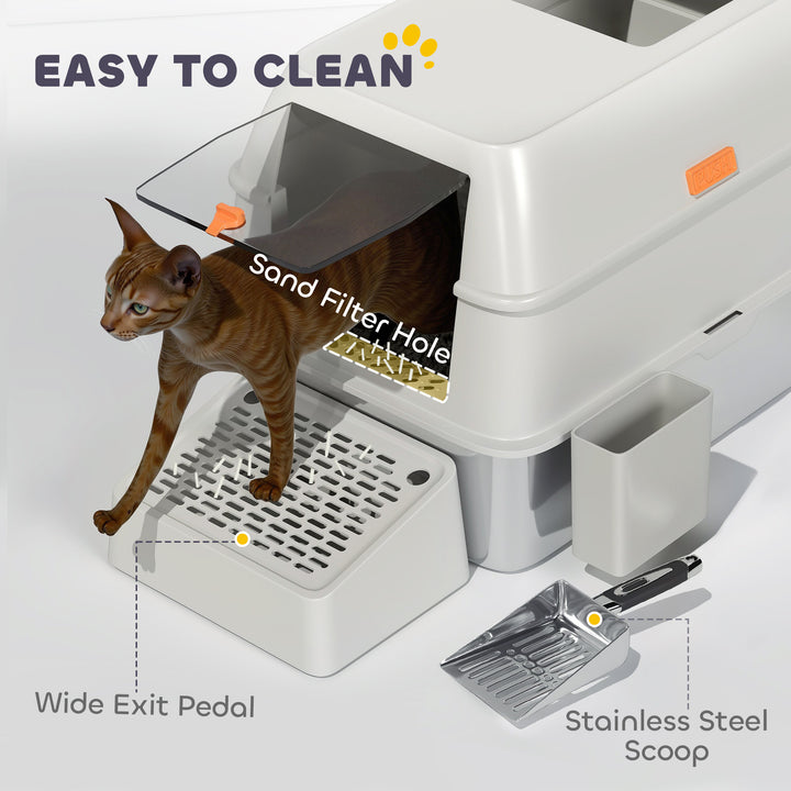 PawHut Stainless Steel Cat Litter Box with Lid, High Sided, Scoop, Easy Clean, Non-Sticky & Anti-Leakage, Light Grey