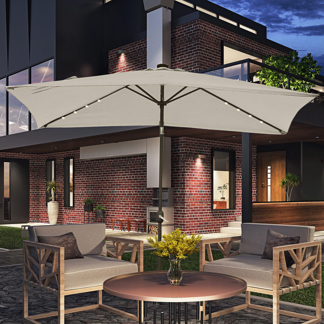 Outsunny 6' x 10' Patio Umbrella with 22 LED Solar Lights and Tilt, Rectangular Outdoor Table Umbrella with Crank, Dark Grey