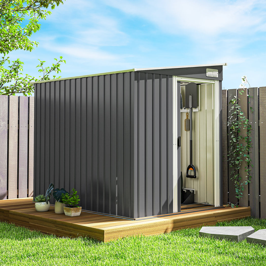 Outsunny 5x7 Garden Shed, Lean-to Metal Storage with Foundation, Sliding Door & 2 Vents for Garden Tools, White