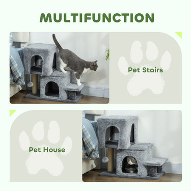 PawHut 4-Step Pet Stairs, Adjustable Height Cat Stairs with Scratching Posts Cat Condo, Hanging Ball for High Bed, Grey