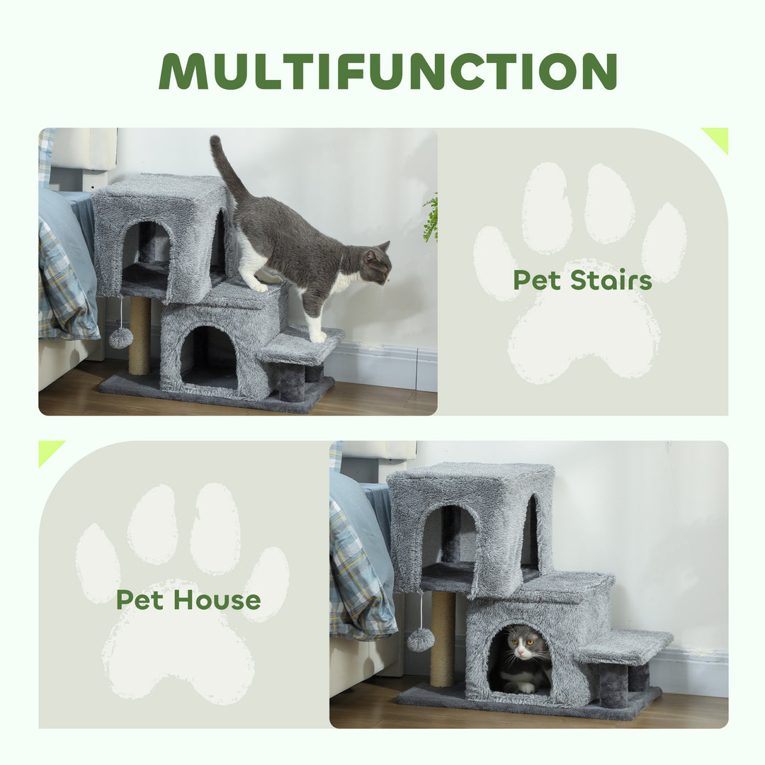 PawHut 4-Step Pet Stairs, Adjustable Height Cat Stairs with Scratching Posts Cat Condo, Hanging Ball for High Bed, Grey
