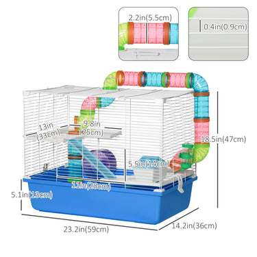 PawHut 3-Tier Large Toy-Filled Steel Small Animal Cage, Includes Exercise Wheel, Water Bottle, Food Dish, Blue
