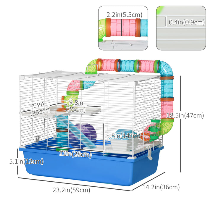 PawHut 3-Tier Large Toy-Filled Steel Small Animal Cage, Includes Exercise Wheel, Water Bottle, Food Dish, Blue