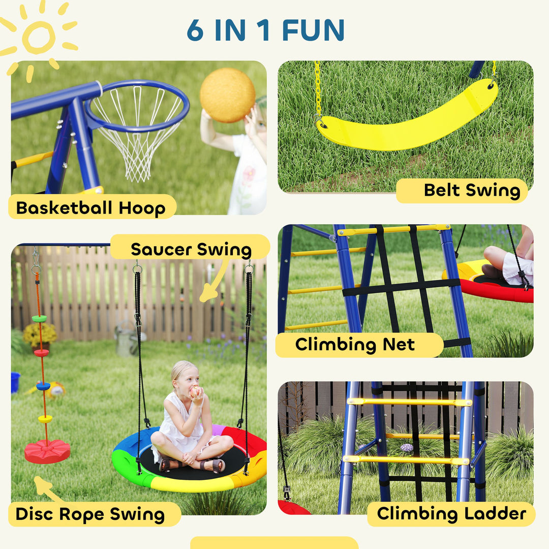Qaba 6 in 1 Kids Swing Set with 1 Saucer Swing, 1 Belt Swing, 1 Disc Rope Swing, Climbing Ladder and Net, Basketball Hoop