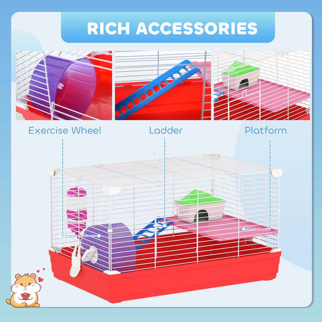 PawHut 18.5'' Hamster Cage with Exercise Wheel and Water Bottle Dishes, Rat House and Habitats 2 Storey Design, Red