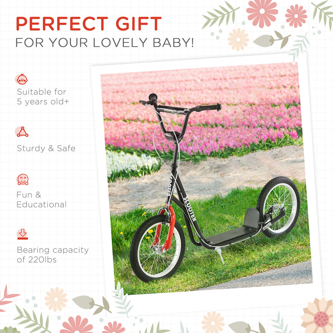 Aosom Kids Kick Scooter for 5+ Year Old, Kids Ride on Toy w/ 16'' Inflatable Wheel Dual Brakes, Black