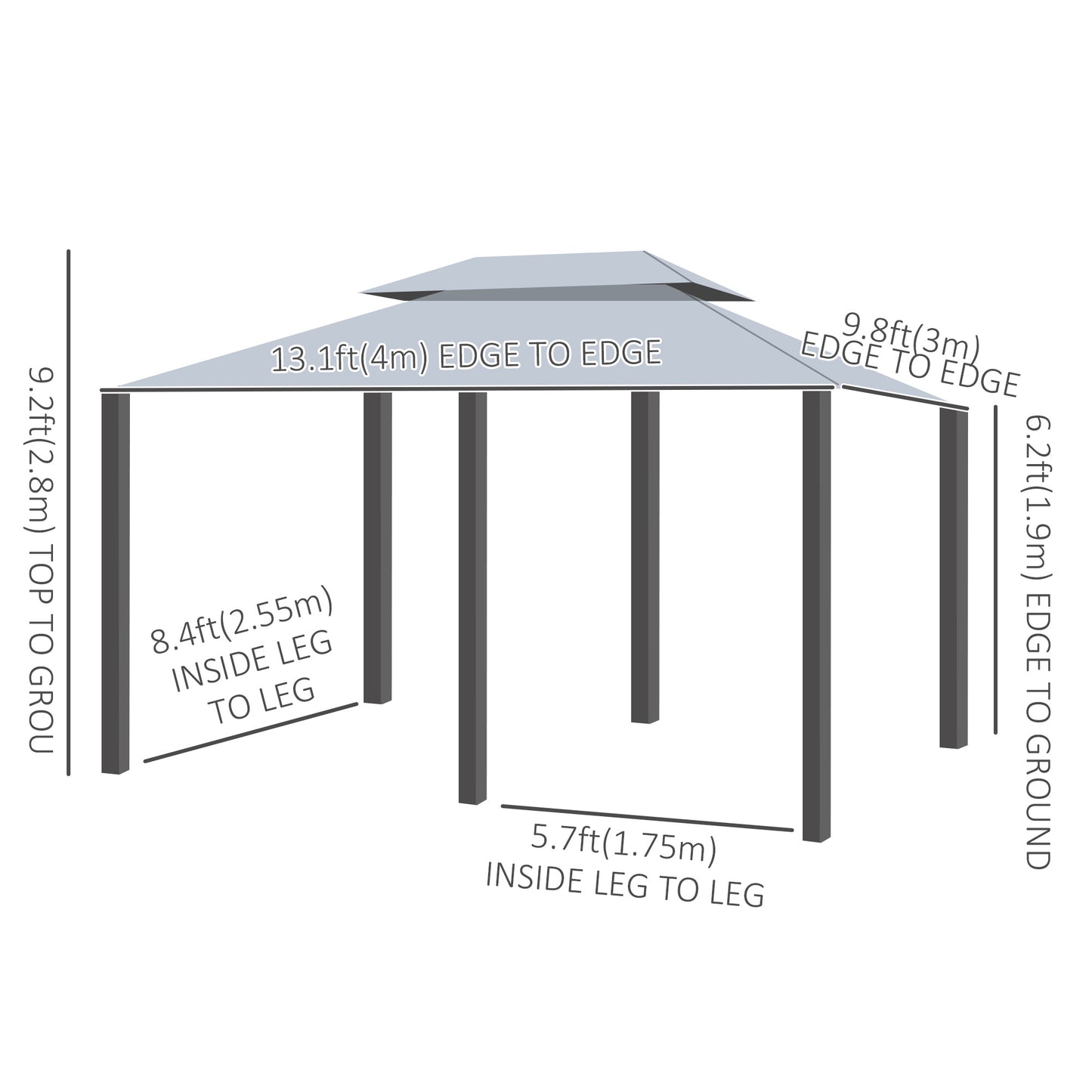 Outsunny 13'L x 10'W x 8.7'H Patio Gazebo Outdoor 2-Tiers Garden Canopy Yard Sunshade Shelter with Curtains, Grey