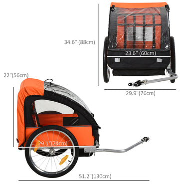 Aosom 2-Seat Child Bike Trailer for Kids with a Strong Steel Frame, 5-Point Safety Harnesses, & Comfortable Seat, Orange