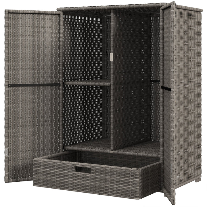 Outsunny Wicker Outdoor Storage Cabinet, 2-Door Rattan Pool Towel Storage Cabinet with Drawer & Removable Shelf, Dark Grey