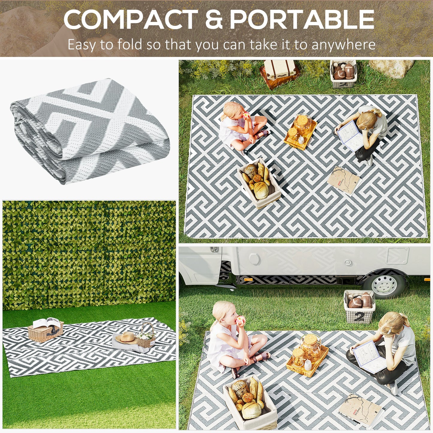 Outsunny Reversible Outdoor RV Rug, Patio Floor Mat, 5' x 8' Plastic Straw Rug for Backyard, Deck, Beach, Camping, Black & White