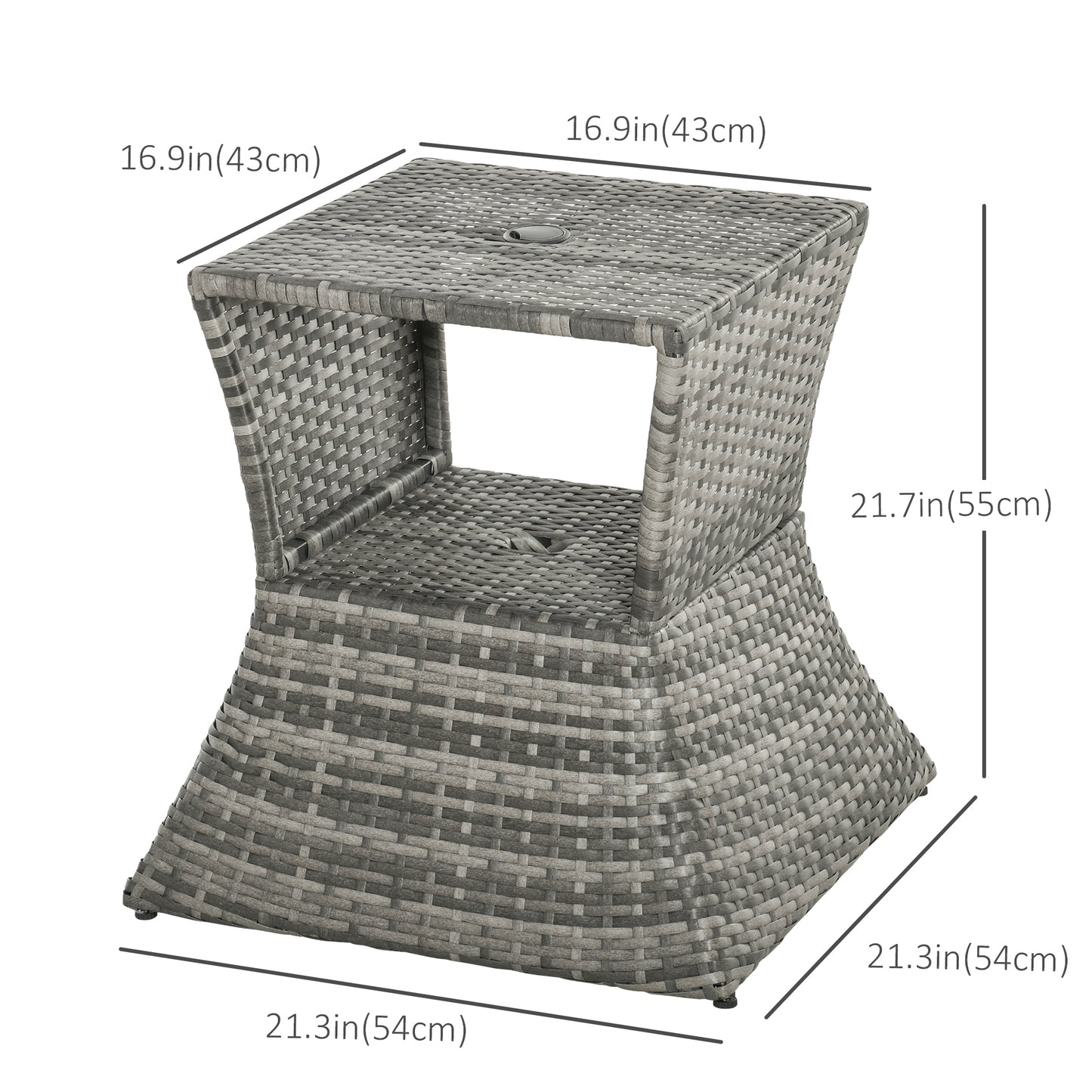 Outsunny Rattan Wicker Side Table, 21.3" Square Outdoor End Table with Umbrella Hole 2-Tier Storage for Patio Garden Mixed Brown