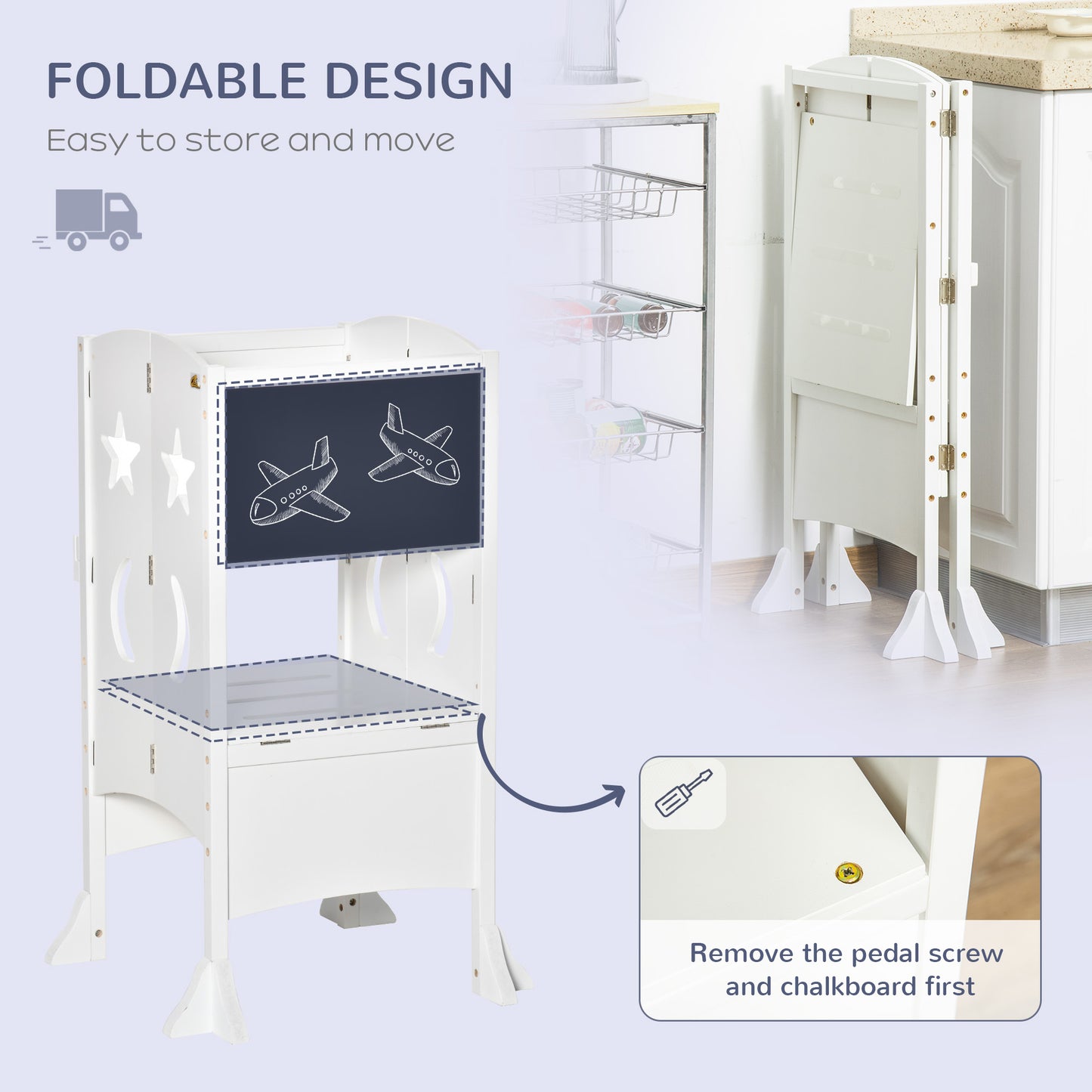 Qaba Kids Kitchen Helper Foldable Step Stool Toddler Kitchen Stool with Blackboard Lockable Handrail for 3-6 Years old Grey