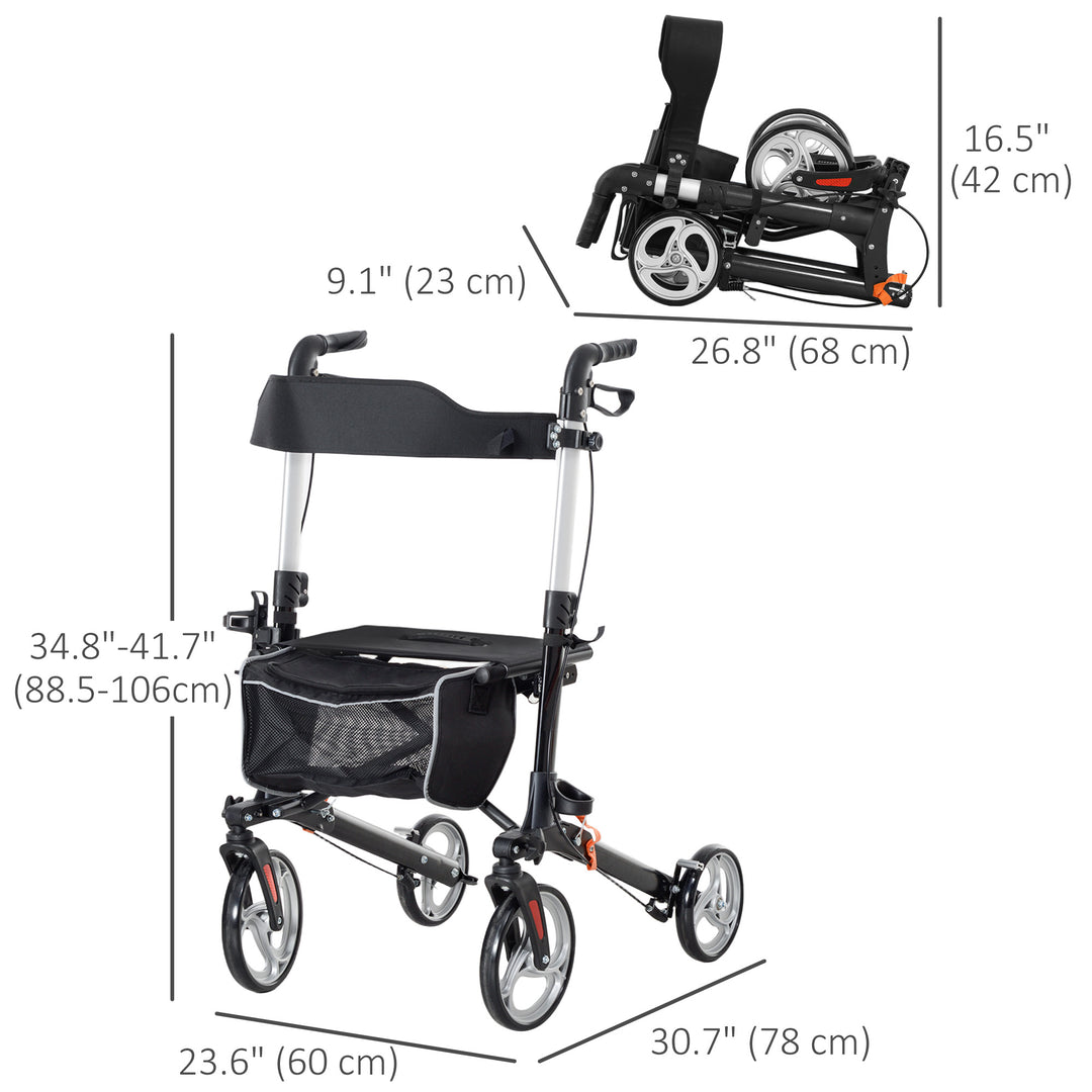 HOMCOM Lightweight Folding Rolling Walker with Large Seat, Back, Adjustable Handle, Bag, Dual Brake, Cane Holder, Red