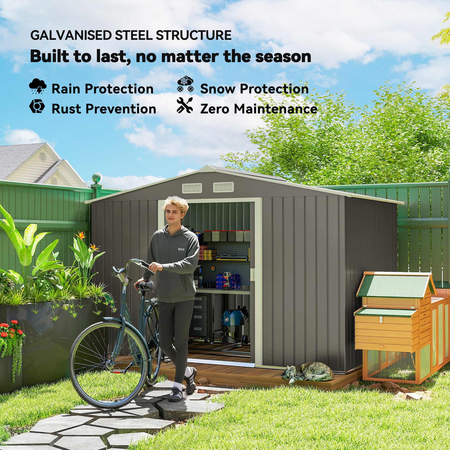 Outsunny 9.1'x6.4'x6.3' Garden Storage Shed w/ Foundation Kit Metal Tool Storage House w/ Double Doors Light Green