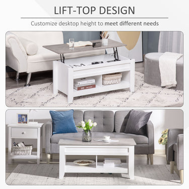HOMCOM Lift Top Coffee Table with Hidden Storage Compartment and Open Shelves, Lift Tabletop Pop-Up Center Table for Living Room, White