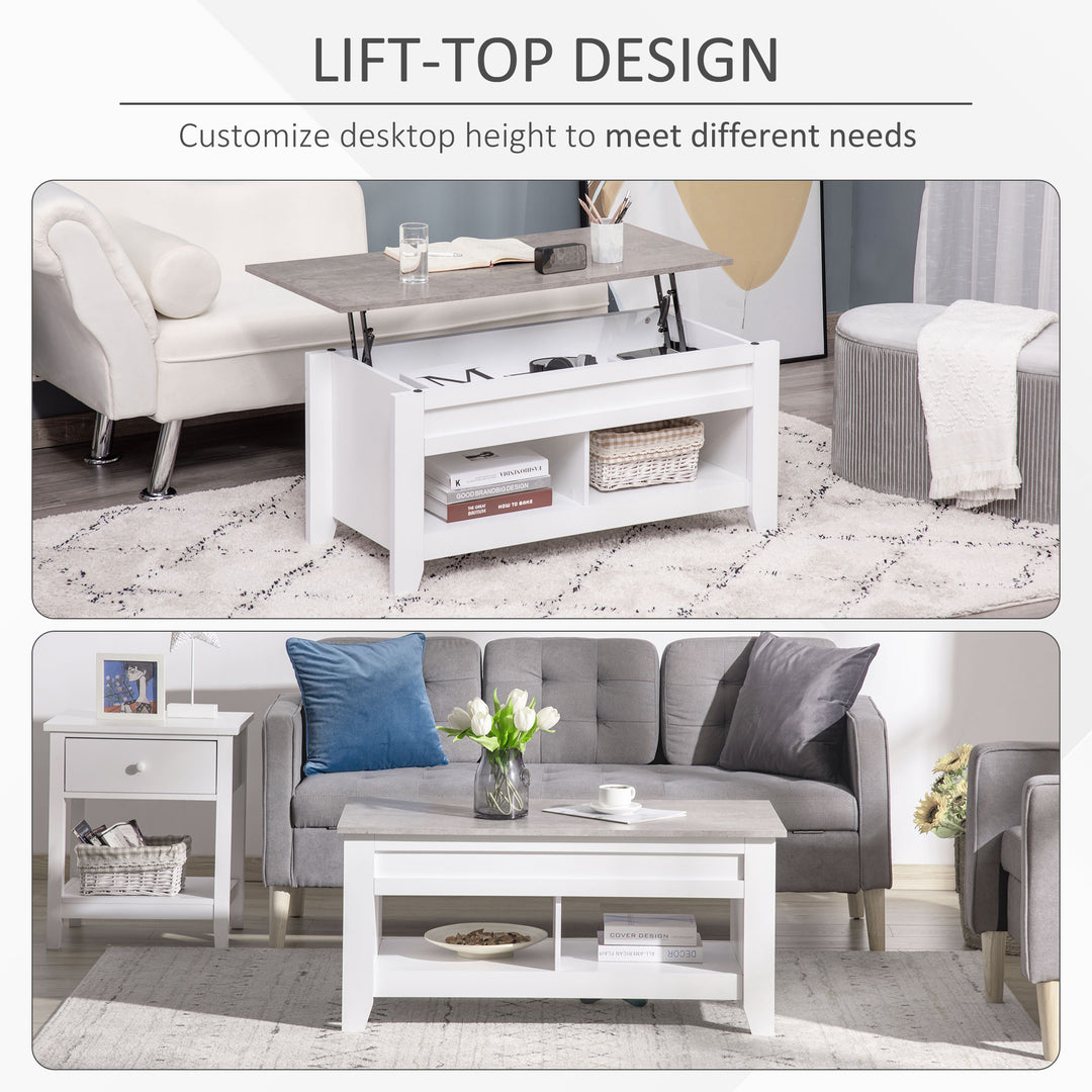 HOMCOM Lift Top Coffee Table with Hidden Storage Compartment and Open Shelves, Lift Tabletop Pop-Up Center Table for Living Room, White