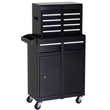 DURHAND Rolling Tool Cabinet 2 in 1 Top Chest Storage Box 5 Drawers with Pegboard and Adjustable Shelf, Black