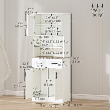 HOMCOM 66" Tall Kitchen Pantry Cabinet, Freestanding Storage Cabinet with 2 Adjustable Shelves, 2 Drawers, Open Counter and Glass Doors, White