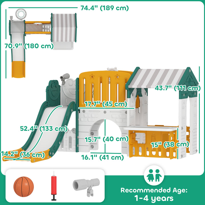 Qaba 7-in-1 Toddler Slide, Kids Slide Climber Playset with Playhouse and Basketball Hoop for 1-4 Years, Grey