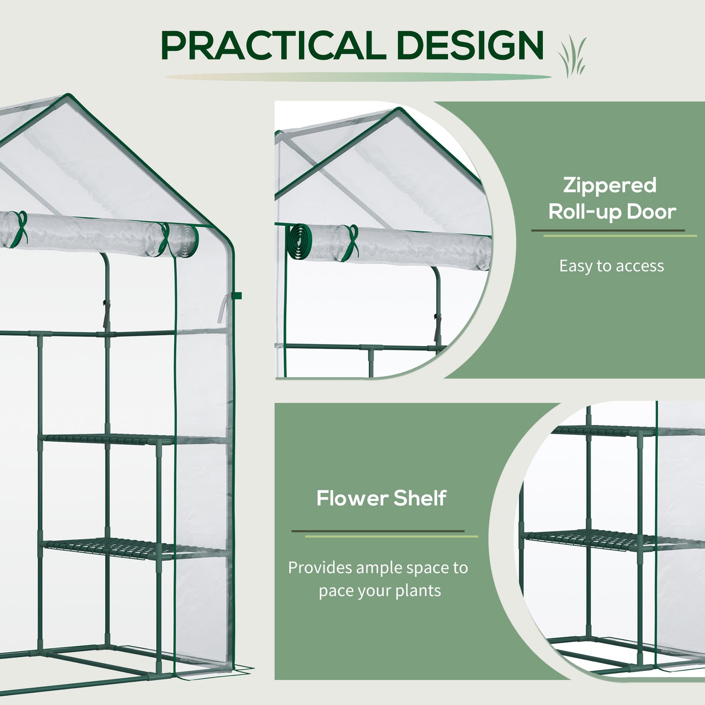 Outsunny 56" x 29" x 77" Walk-in Greenhouse, Mini Greenhouse with 4 Shelves, Roll-Up Door and Weatherized Cover, Clear