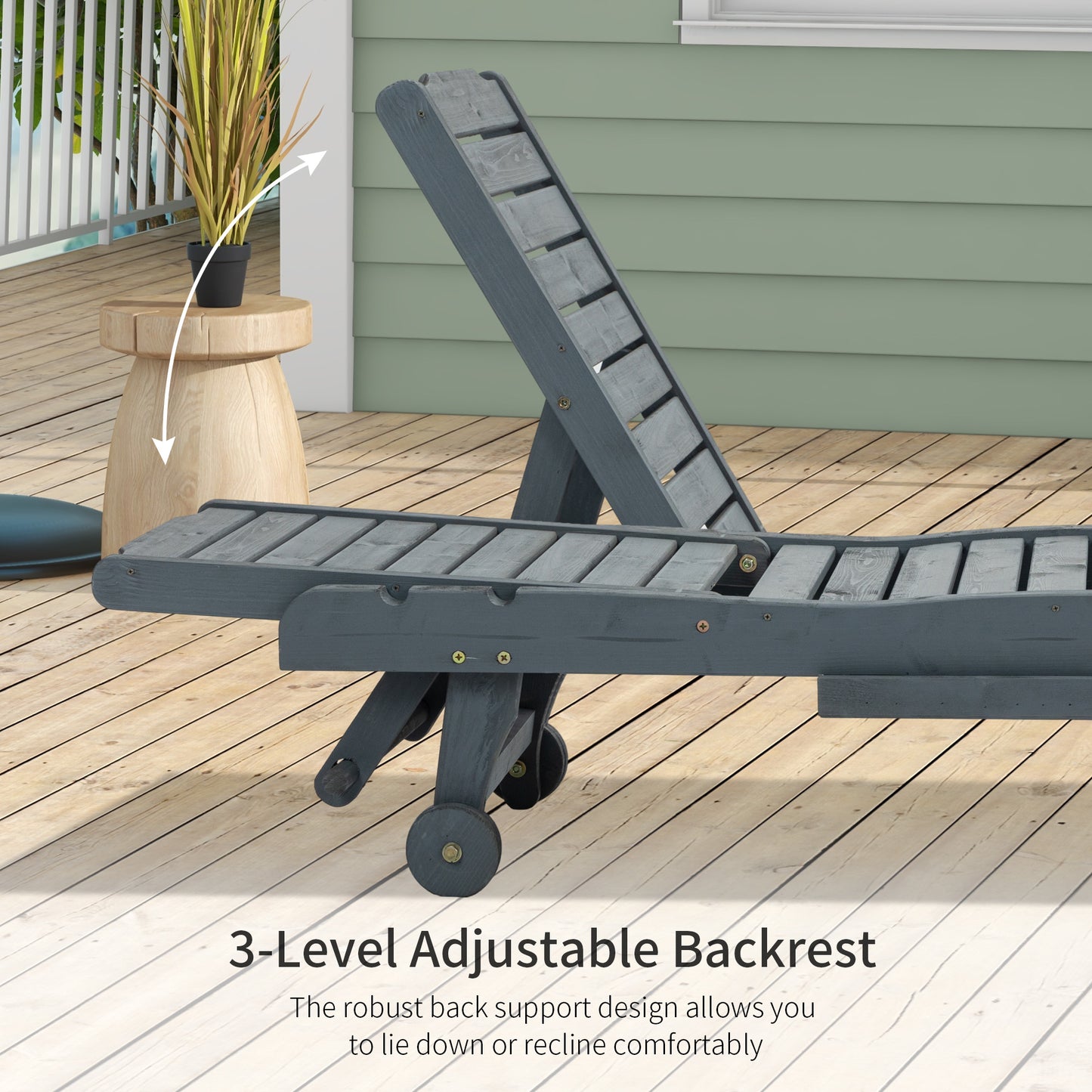 Outsunny Adjustable Lounge Chair, Outdoor Patio Chaise Recliner with Pull-out Tray and 2 Wheels