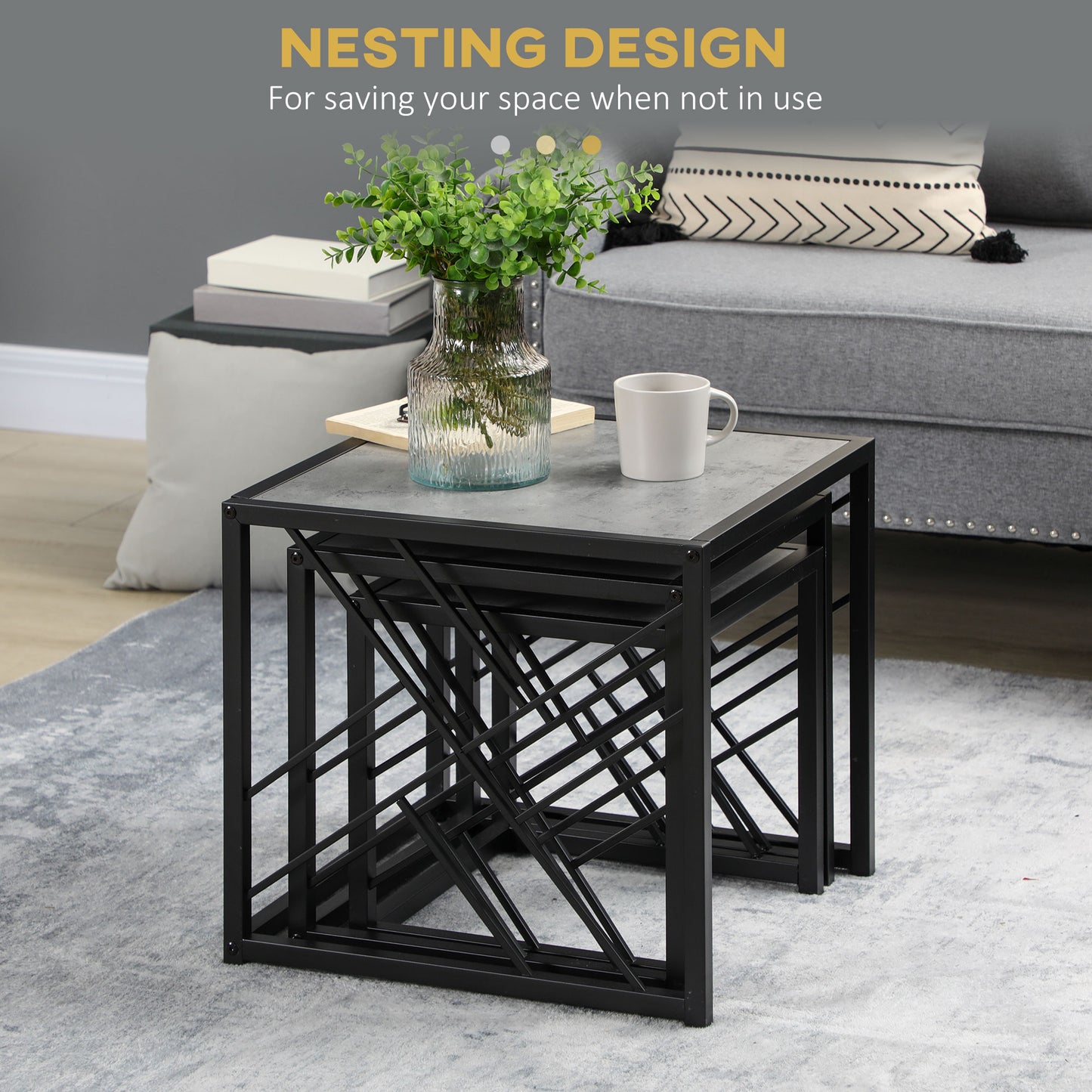 HOMCOM Nest of Tables Set of 3, Square Coffee Table Set with Metal Frame for Living Room, Bedroom, Grey