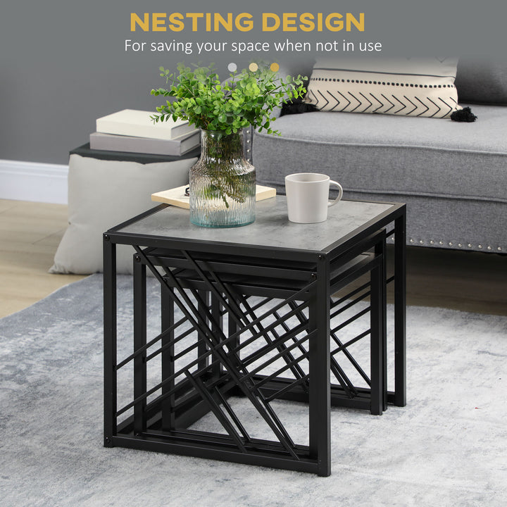 HOMCOM Nest of Tables Set of 3, Square Coffee Table Set with Metal Frame for Living Room, Bedroom, Grey