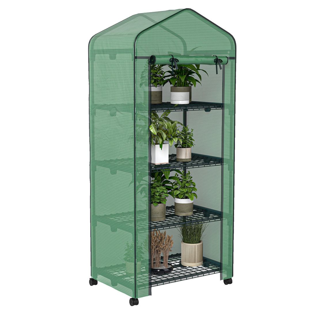 Outsunny Portable Greenhouse, Outdoor Hot House Plant Flower Greenhouse with 4 Tier Shelves, Steel Frame, PE Cover, Dark Green