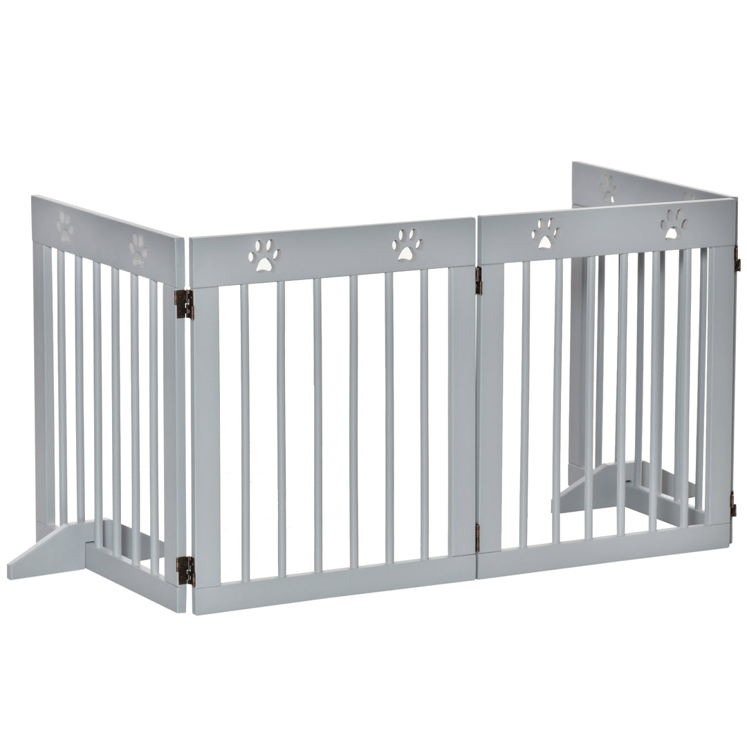PawHut Freestanding Pet Gate 4 Panel Wooden Dog Barrier Folding Safety Fence with Support Feet for Doorway Stairs Light Grey