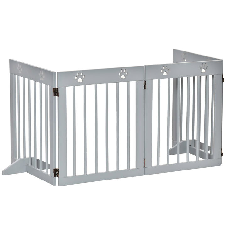 PawHut Freestanding Pet Gate 4 Panel Wooden Dog Barrier Folding Safety Fence with Support Feet for Doorway Stairs Light Grey