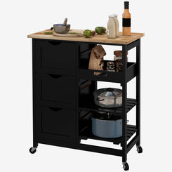 HOMCOM Kitchen Cart on Wheels, Rolling Kitchen Island Cart with Wood Top, 3 Drawers and Shelves for Home Dining Area, Black
