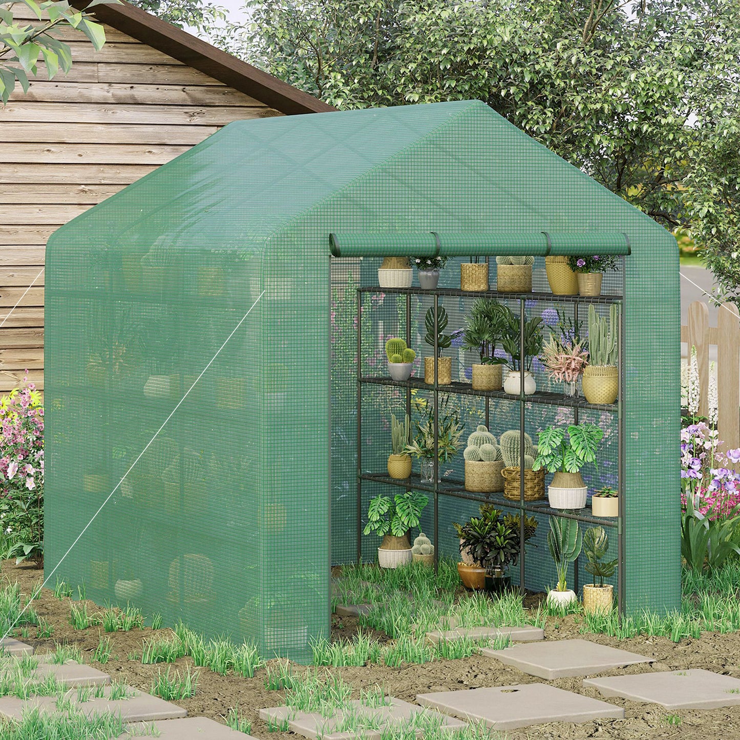 Outsunny 8' x 6' x 7' Portable Walk-In Greenhouse Hot House with 18 Shelves,  Water/UV Resistant Weather Cover, & Roll Up Door
