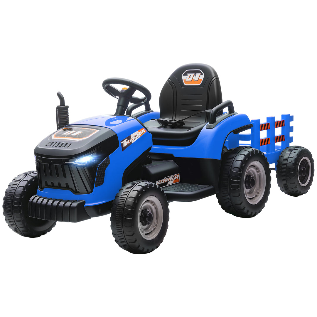Qaba 12V Kids Ride On Tractor with Trailor, Remote Control, Music, Lights, Shifter, for Kids Ages 3-8 Years, Blue