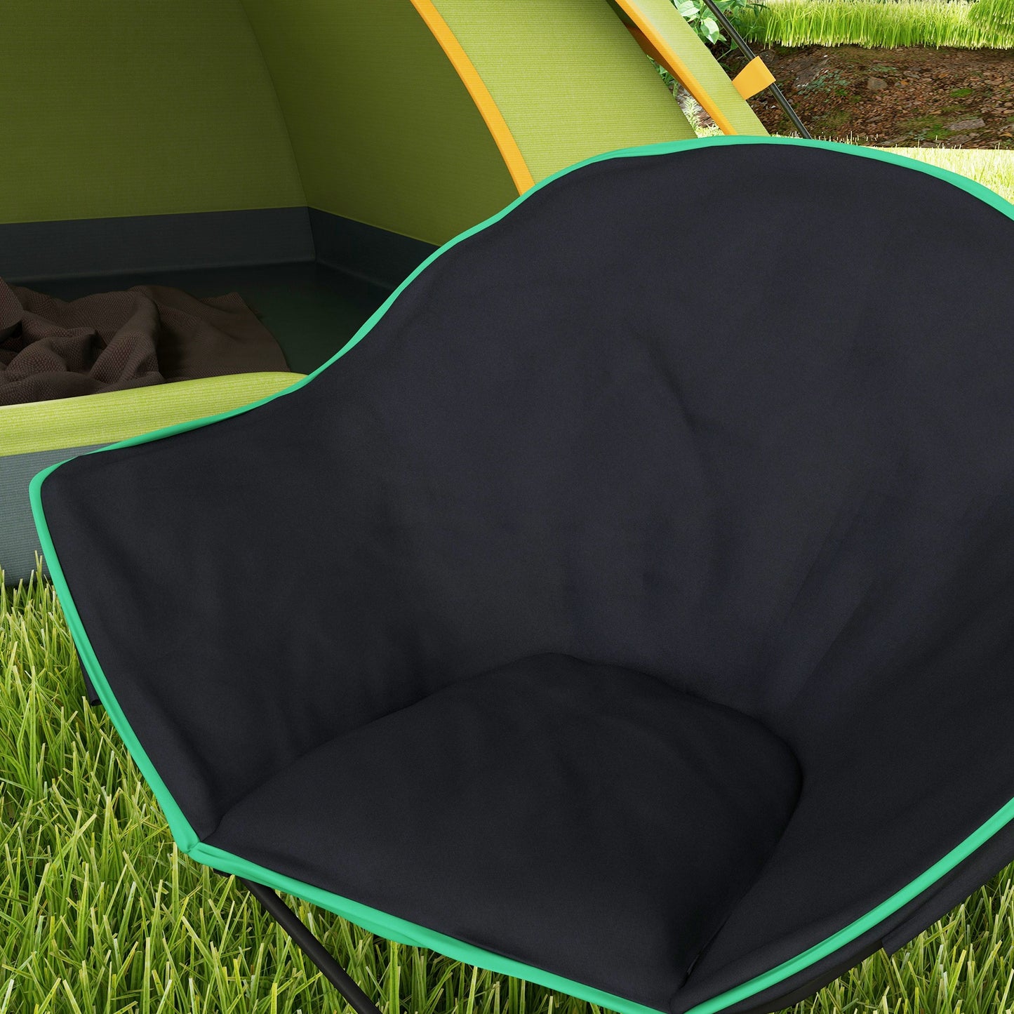 Outsunny Foldable Camping Chair Padded Moon Saucer Chair with Carry Bag, Storage Pocket for Outdoor, Beach, Picnic, Hiking, Fishing, Travel