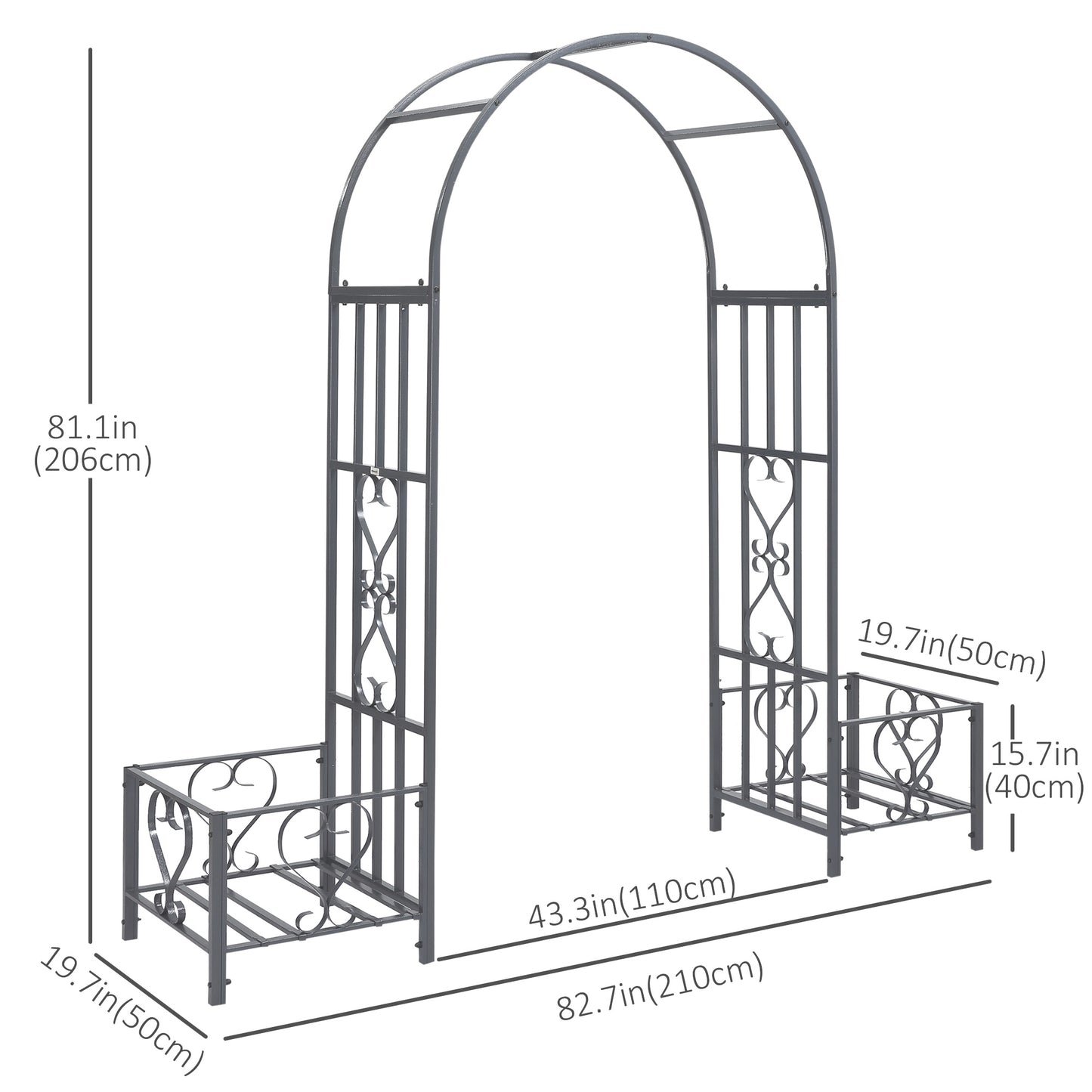 Outsunny 7FT Metal Garden Arch with 2 Planter Boxes, Decorative Outdoor Walkway Arbor for Climbing Vine Plants for Patio Backyard Lawn Party Ceremony, Dark Grey