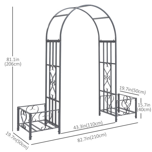 Outsunny 7FT Metal Garden Arch with 2 Planter Boxes, Decorative Outdoor Walkway Arbor for Climbing Vine Plants for Patio Backyard Lawn Party Ceremony, Dark Grey