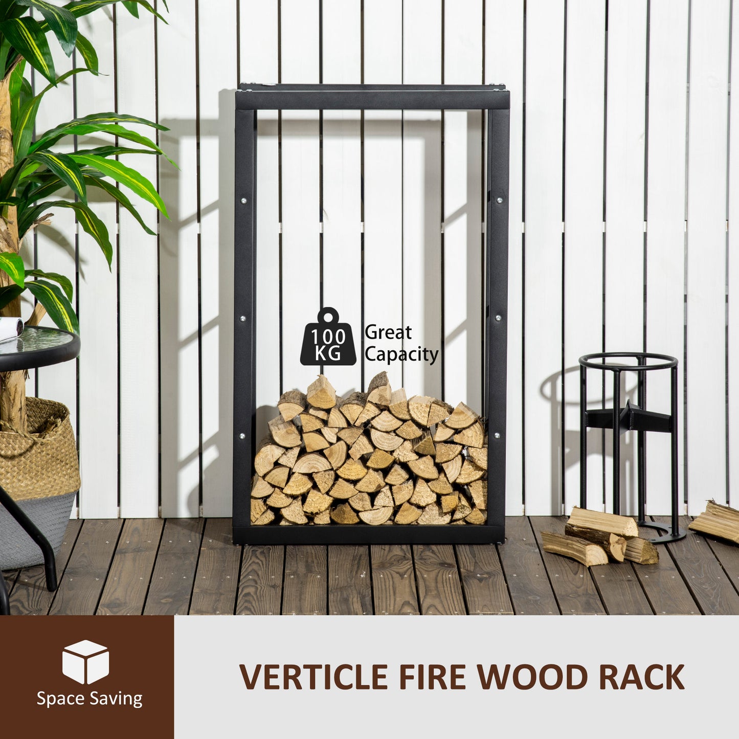 HOMCOM Firewood Rack Outdoor, Log Holder Fireplace Storage Rack with Handles and 220 lbs. Weight Capacity, 23.6" x 9.8" x 39.4", Black