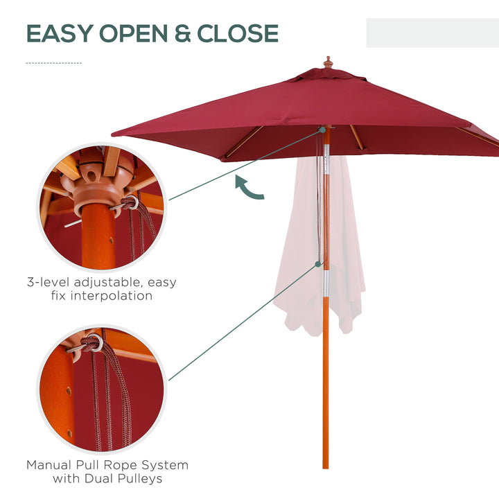 Outsunny 6.6x5ft Square Market Parasol, Wooden Patio Umbrella with Tilt Mechanism and 6 Bamboo Ribs, Garden Sunshade, Wine Red