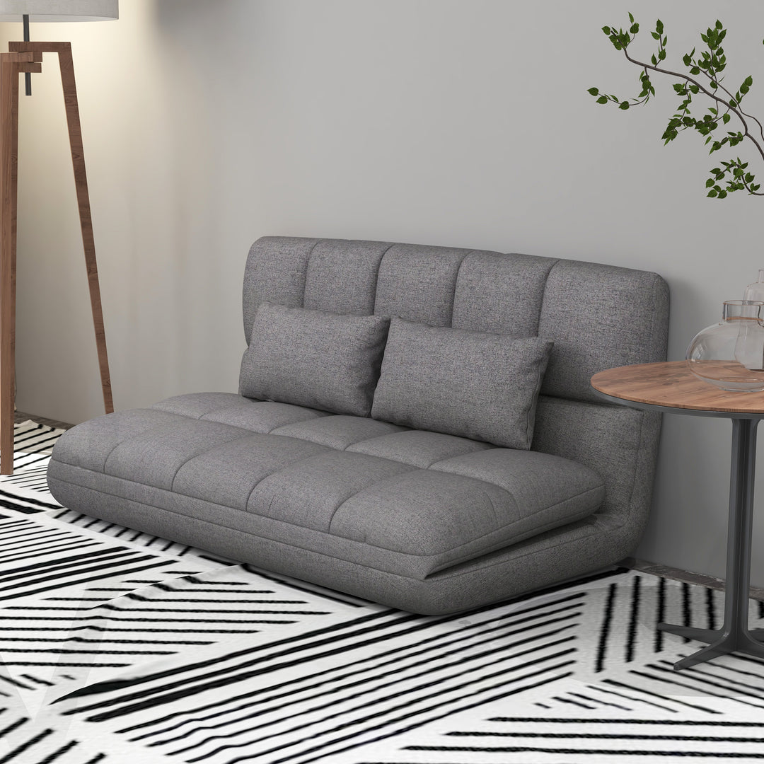 HOMCOM 51" Folding Floor Sofa, Foldable 2-Seater Lazy Sofa Sleeper Bed, Adjustable Linen Floor Couch with 9-position Backrest, 2 Pillows and Wide Seat for Living Room, Grey