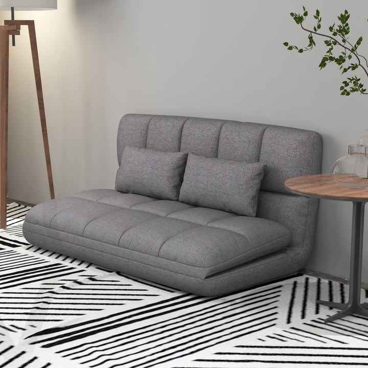 HOMCOM 51" Folding Floor Sofa, Foldable 2-Seater Lazy Sofa Sleeper Bed, Adjustable Linen Floor Couch with 9-position Backrest, 2 Pillows and Wide Seat for Living Room, Grey