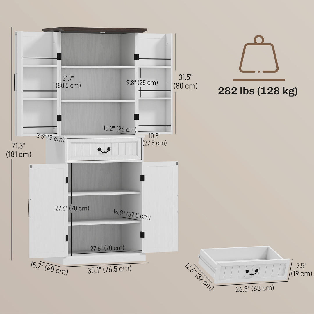 HOMCOM 71" LED Kitchen Pantry Cabinet, Farmhouse Storage Cabinet with Door Shelves, Distressed Brown