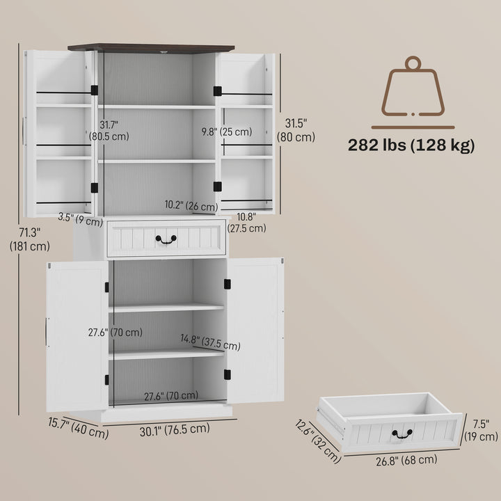 HOMCOM 71" LED Kitchen Pantry Cabinet, Farmhouse Storage Cabinet with Door Shelves, Distressed Brown