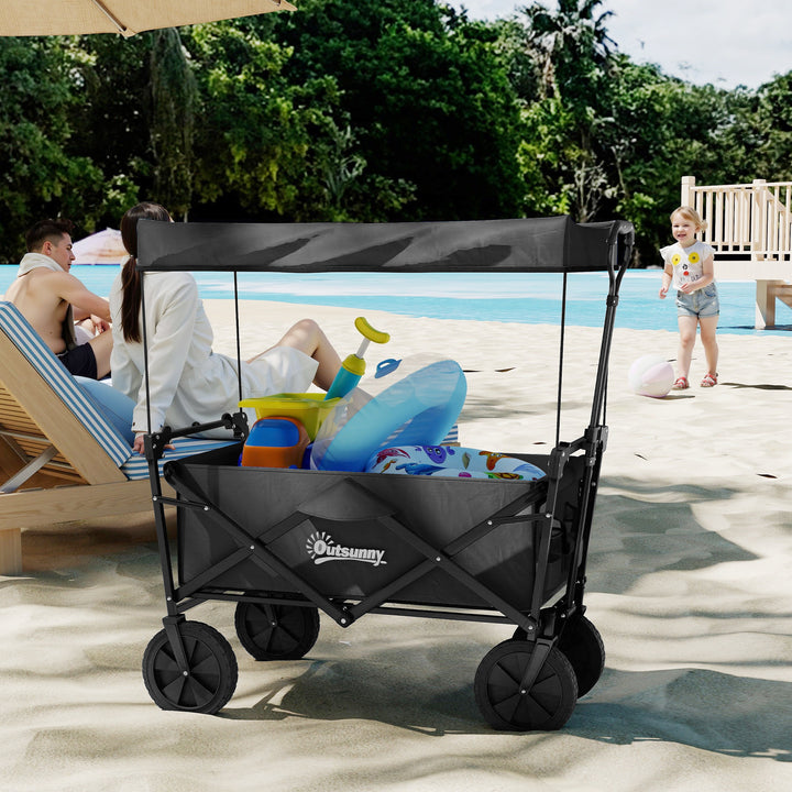 Outsunny Steel Frame Folding Garden Cart, Collapsible Wagon Cart with Removable Canopy, Telescopic Handle and Carrying Bag