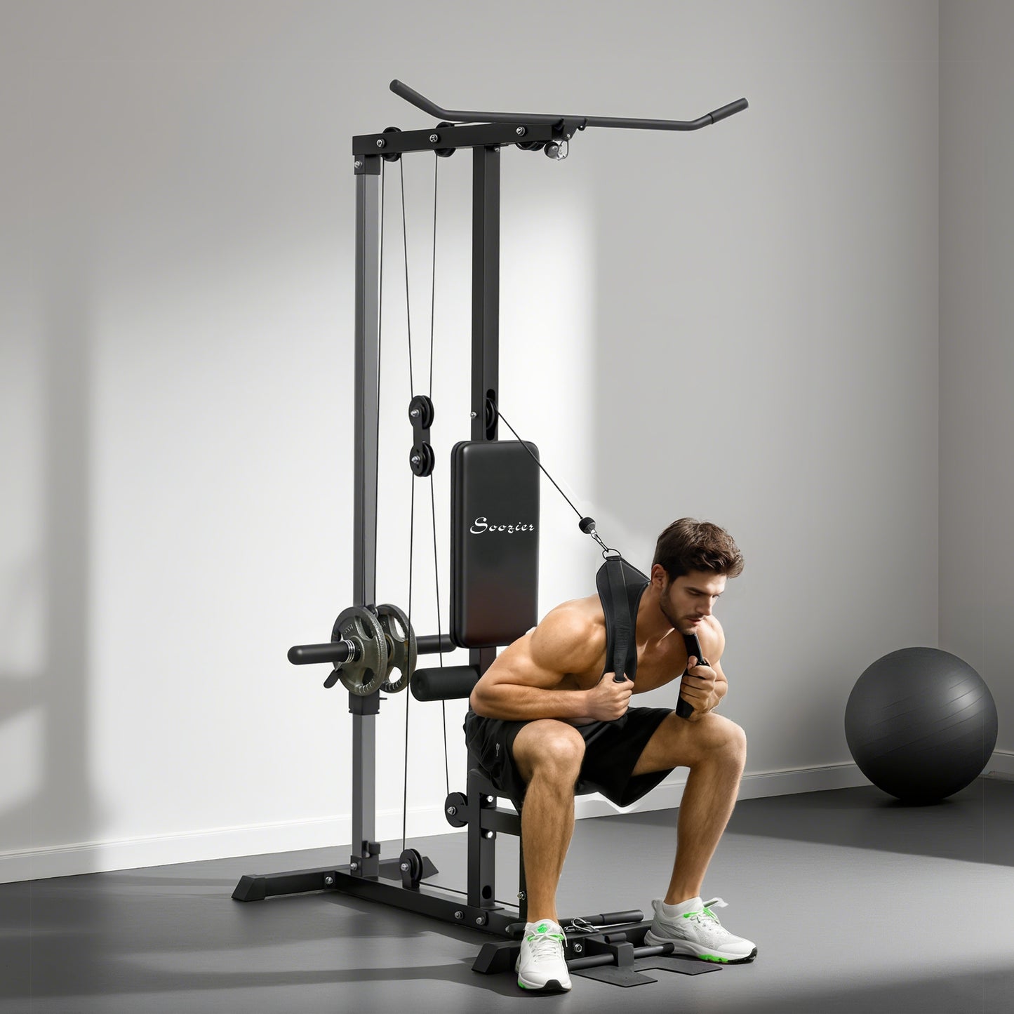Soozier Lat Pull Down Machine, High / Low Pulley Machine with Adjustable Seat and Flip-Up Footplate, Red