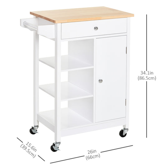 HOMCOM Modern Rolling Kitchen Island Cart with Drawer, Natural Wood Top, Towel Rack, Door Storage Cabinet, White