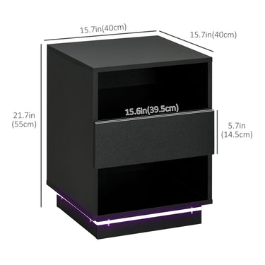 HOMCOM LED Nightstand, Bedside Table with LED Lights, Drawer, 2 Shelves, Remote, Side Table for Living Room, Bedroom