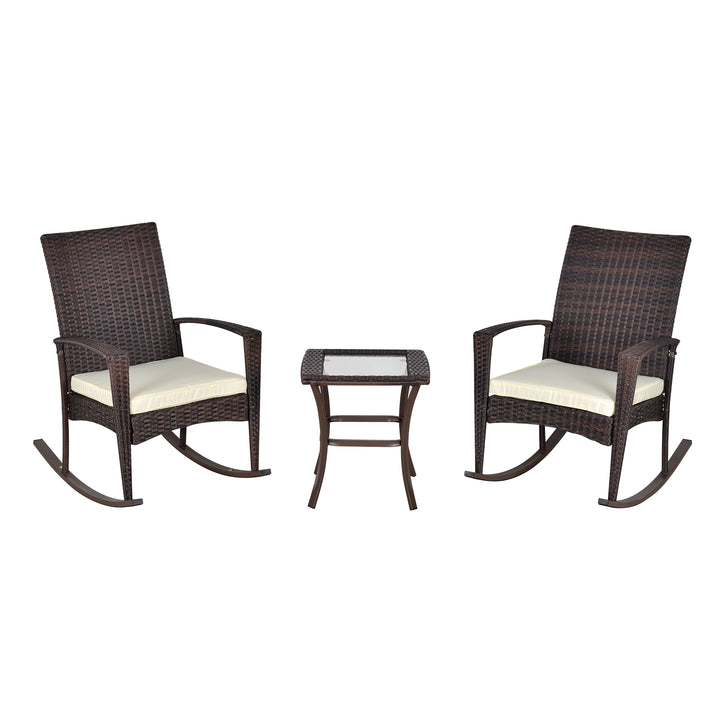 Outsunny 3 Pieces Patio Wicker Rocking Chair Set,  Outdoor PE Rattan Bistro Set Conversation Rocker Set with 2 Chairs 1 Coffee Table for Backyard, Deck, Poolside, Dark Grey