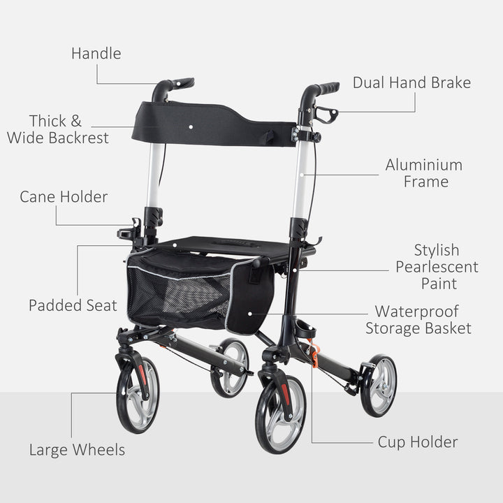 HOMCOM Lightweight Folding Rolling Walker with Large Seat, Back, Adjustable Handle, Bag, Dual Brake, Cane Holder, Red